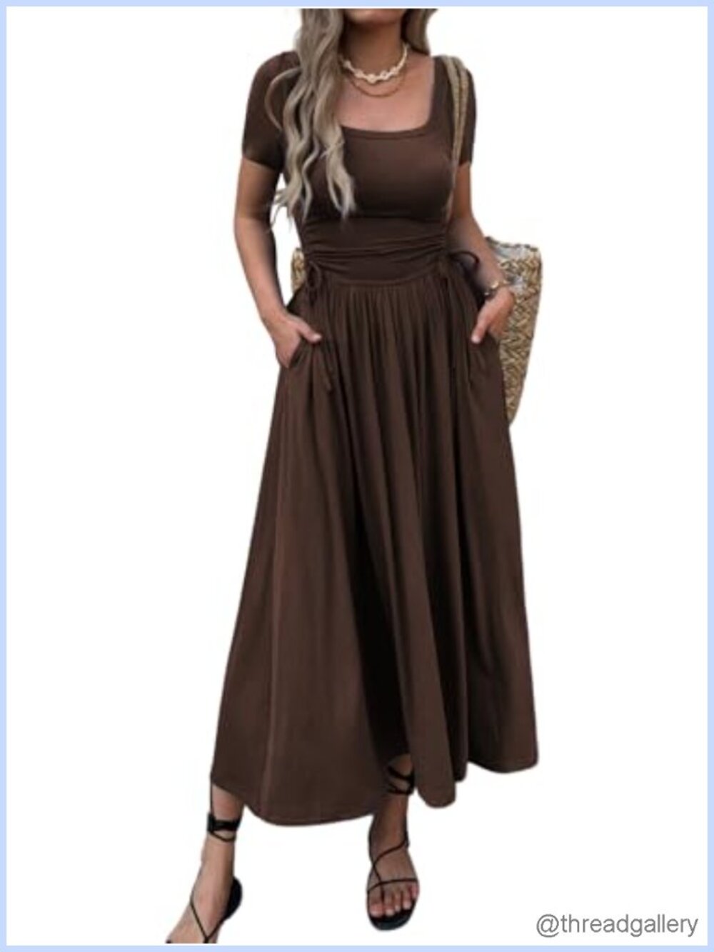 Women's Bodycon Maxi Dress Short Sleeve Square Neck Adjustable Waist Pockets